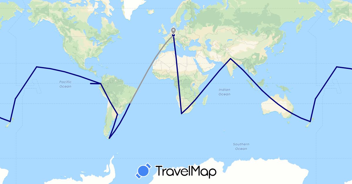 TravelMap itinerary: driving, plane in Argentina, Australia, Brazil, Germany, Ecuador, Fiji, Indonesia, India, New Zealand, United States, South Africa (Africa, Asia, Europe, North America, Oceania, South America)